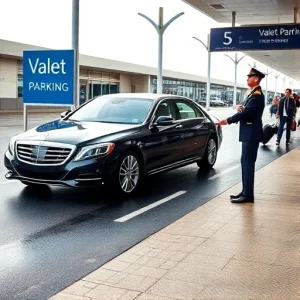 A modern airport valet parking area with a sleek black luxury sedan being handed over to a uniformed valet attendant in a crisp navy uniform with gold trim, standing beside a clearly marked 'Valet Parking' sign with airport branding in the background, travelers with luggage walking toward terminal entrances, soft daylight, clean asphalt, subtle reflections on wet pavement, no text or signage with readable words, no logos, no people's faces visible