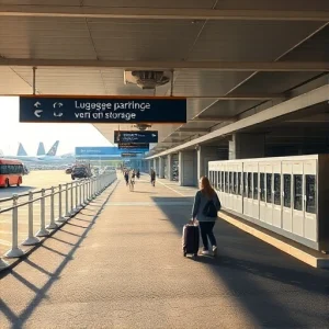 A modern airport parking area with clear signage for luggage storage, featuring a covered drop-off zone, automated luggage lockers, and travelers with suitcases walking toward terminal entrances under soft daylight, clean asphalt, minimal traffic, and subtle airport branding in the background