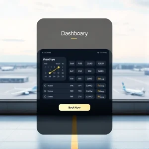 A modern, user-friendly interface showing an online booking system for airport parking, featuring a clean dashboard with calendar selection, vehicle type options, price display, and a prominent 'Book Now' button, set against a subtle airport background with distant runways and terminals, all in a minimalist, high-quality digital design style