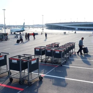 A modern airport parking area with multiple luggage carts parked near designated spots, travelers loading and unloading suitcases, clear asphalt lanes, airport terminal buildings in the background under a bright sky, realistic lighting, no text or signage visible