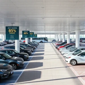 A modern airport parking lot with clear signage showing discounted rates, cars parked in organized rows, a shuttle bus transporting passengers to the terminal, bright daylight, clean and well-lit environment, subtle promotional banners with 'Best Deals' text implied visually without actual letters or numbers