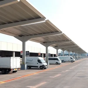 A modern airport parking area with covered loading zones, featuring sleek canopies over designated loading bays, trucks and vans parked underneath for cargo transfer, airport terminals visible in the background, clear daytime sky, well-marked pavement, minimalist design, no people visible, no signage with text, no advertisements, no license plates visible