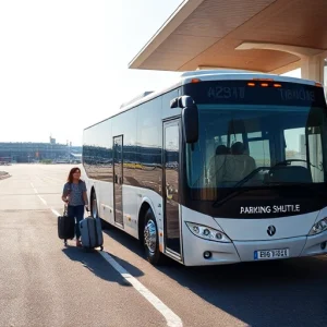 A modern shuttle bus parked near an airport terminal with clear signage indicating 'Airport Parking Shuttle', passengers boarding, luggage being loaded, and a paved road leading to a parking lot in the background under a bright daytime sky