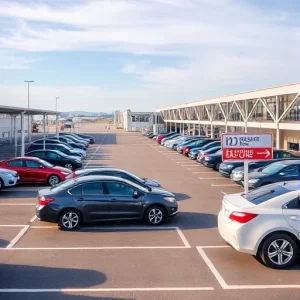 A modern airport parking lot with cars parked in designated spaces, a clear sky, and a subtle discount sign showing reduced rates for parking, viewed from a slightly elevated angle to emphasize organization and convenience