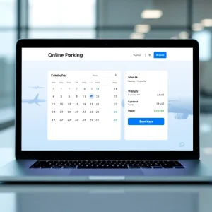 A modern, user-friendly online booking interface for airport parking displayed on a laptop screen, showing a clean calendar, vehicle selection, price summary, and 'Book Now' button, with subtle airport and parking lot icons in the background, minimalist design, soft lighting, professional color scheme of blue and white