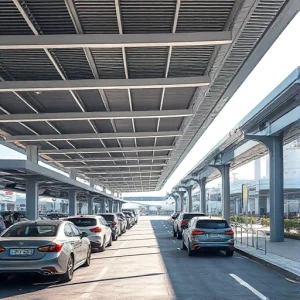 A modern airport drop-off zone with covered canopies over vehicle lanes, sleek design, clear signage for passenger drop-off, vehicles stopping under shelter, pedestrian walkways adjacent, bright daylight, clean urban architecture, no people visible, focus on infrastructure