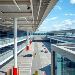 A modern airport parking facility with multiple levels, clearly marked parking spaces, security cameras mounted on poles and walls, bright lighting, and a surveillance control room visible through glass with monitors displaying live feeds, all under a clear sky