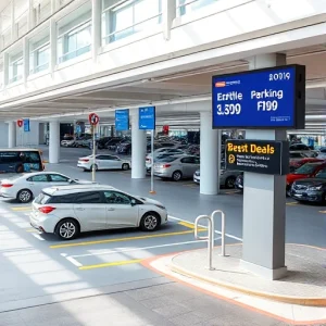 A modern airport parking area with clear signage showing discounted rates, cars parked in organized rows, a shuttle bus nearby, and a digital display highlighting 'Best Deals' on parking fees, all in bright daylight with a clean, professional aesthetic