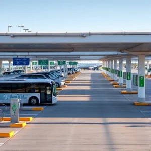 A modern airport parking facility with clear signage, electric vehicle charging stations, and a shuttle bus transporting passengers to the terminal, viewed from a slightly elevated angle during daytime with bright, clean lighting