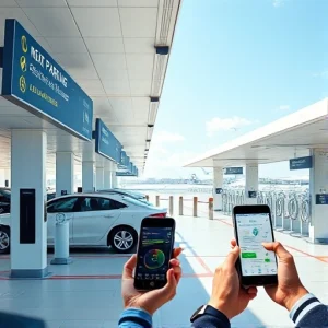 A modern, sleek airport parking facility with smart technology features: digital signage showing real-time availability, electric vehicle charging stations, automated license plate recognition barriers, and a mobile app interface visible on a driver’s smartphone. The scene is bright, clean, and futuristic, with a clear sky and aircraft visible in the distant background. No text, letters, or digits appear anywhere in the image.