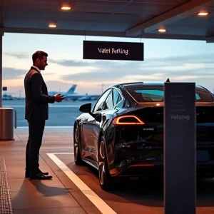 A luxury airport valet parking service scene with a sleek black electric car being handed over to a professional valet in a crisp uniform, standing under a modern airport canopy with soft ambient lighting, distant aircraft silhouettes on the tarmac, and a subtle 'Valet Parking' sign in elegant sans-serif typography — no visible text or numbers on signs, license plates, or surfaces