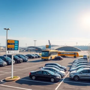 A modern airport parking lot with clear signage showing affordable rates, cars parked in organized rows, a shuttle bus nearby, and a terminal building visible in the background under a bright daytime sky