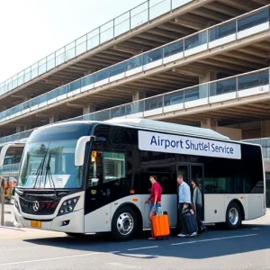 A modern shuttle bus parked near a multi-level airport parking garage, with clear signage indicating 'Airport Shuttle Service', travelers with luggage boarding the bus, bright daylight, clean urban setting, no text or letters visible on surfaces
