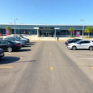 A clear, realistic view of the closest parking area to an airport entrance, showing designated parking spaces, directional signs, and the airport terminal building in the background, with vehicles parked neatly and pedestrians walking toward the entrance, all under natural daylight