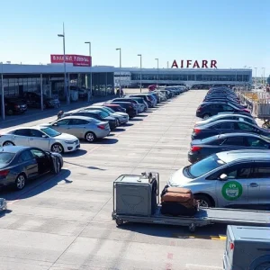 A modern airport parking area with cars parked in designated spaces, baggage carts moving between vehicles and terminal entrances, luggage being loaded onto conveyor belts near the curb, airport signage visible in the background, clear daytime sky, realistic lighting, no people visible