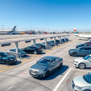 A modern airport parking area with cars being serviced at maintenance stations, including tire changes, fueling, and light repairs, under a clear sky with airport terminals and aircraft visible in the background, realistic details, no text or signage