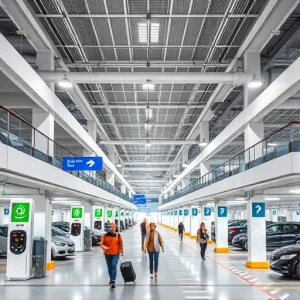 A modern indoor airport parking facility with multiple levels, clear signage, electric vehicle charging stations, well-lit corridors, security cameras, and travelers walking with luggage near designated parking zones, all in a clean, organized, and efficient layout