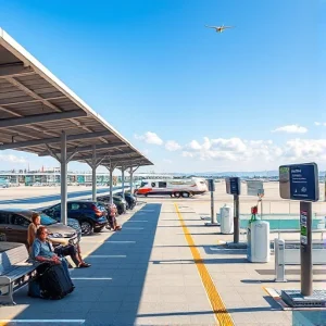 A modern airport parking area with covered waiting areas, featuring sleek canopies over designated parking zones, travelers sitting under shaded structures with benches, luggage nearby, clear signage for parking and shuttle access, well-lit pathways, electric vehicle charging stations, and a distant view of airport terminals under a clear sky, all in a clean, realistic, high-detail style