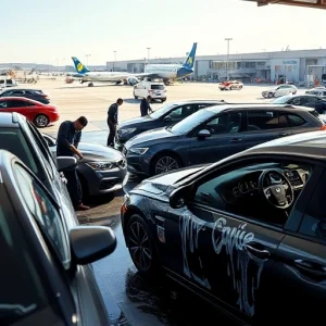 A modern airport parking area with several cars being detailed by professionals, including washing, waxing, and interior cleaning, under clear daylight with airport terminals and aircraft visible in the background, realistic style, high detail