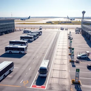 A modern airport parking area with shuttle buses transporting passengers between the terminal and parking lots, clear signage, well-lit lanes, electric vehicle charging stations, and a distant view of airport runways and control tower under a bright daytime sky