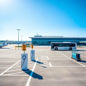 A modern airport parking area with clear signage, well-organized parking spaces, electric vehicle charging stations, and a shuttle bus arriving at a terminal in the background under a bright blue sky, conveying convenience and efficiency