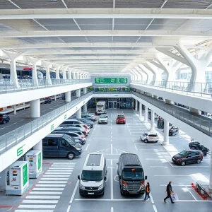 A modern international airport parking area with clear signage, multiple levels, electric vehicle charging stations, shuttle buses waiting near terminals, travelers with luggage walking to and from cars, sleek architecture, bright daylight, clean and organized layout, no text or letters visible