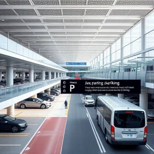 A modern airport parking area with clear signage, multiple levels of parking structures, cars entering and exiting smoothly, a shuttle bus picking up passengers near the terminal, and a digital display showing real-time parking availability — all in bright daylight with clean, minimalist design and high detail