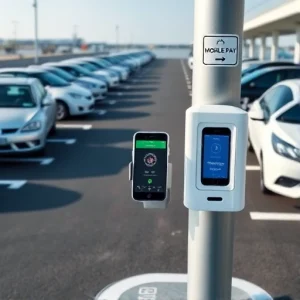 A modern airport parking area with cars parked in designated spots, a mobile payment terminal on a pole showing a smartphone making a contactless payment, clear signage for 'Mobile Pay' and 'Parking', bright daylight, clean asphalt, minimal traffic, no people visible, focus on technology and convenience