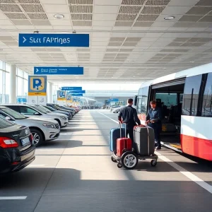 A modern airport parking area with clear signage, vehicles parked in designated spots, and a luggage delivery service in operation — staff loading suitcases from a cart onto a shuttle bus near the terminal entrance, under bright daylight with clean architecture and minimal clutter