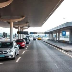 A modern airport drop-off zone with a covered canopy structure, vehicles briefly stopping for passenger drop-off, clear signage for parking and traffic flow, well-lit during daytime, clean asphalt surface, minimal pedestrians, no text or letters visible on signs or vehicles, no advertisements, no license plates, no people faces, no clutter, realistic photographic style