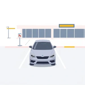 A simple, clean illustration of a car parked in a clearly marked airport parking spot near a terminal building, with a visible parking sign, minimal background, and no people or text visible