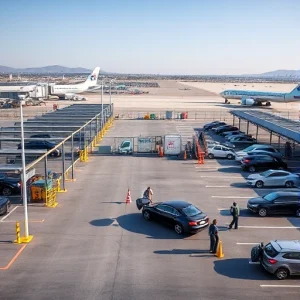 A secure parking facility near an airport, showing well-lit parking rows with surveillance cameras, fenced perimeter with access control gates, security patrol vehicles, and travelers loading luggage into cars, all under a clear daytime sky with airport terminals visible in the distant background