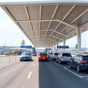 A modern airport drop-off zone with covered canopies, vehicles pulling up to drop off passengers, clear signage, smooth asphalt, minimalist design, daylight, no people visible, focus on architecture and infrastructure