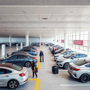 A modern airport parking area with express check-in counters, sleek vehicles parked in designated zones, clear signage for express check-in, travelers with luggage approaching the counters, bright daylight, clean architectural design, minimalistic style, no text or letters visible in the scene