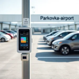 A modern airport parking area with cars parked in designated spots, a mobile payment terminal on a pole showing a smartphone making a contactless payment, clear signage for 'Parkovka-airport' in a clean sans-serif font, bright daylight, minimalistic design, no people visible, focus on technology and convenience