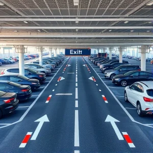 A modern airport parking area with clear signage, vehicles parked in organized rows, and a dedicated express exit lane with barriers and directional arrows leading smoothly out of the facility, bright daylight, clean asphalt, minimalist design, no people visible