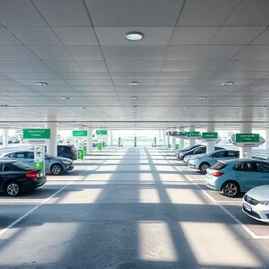 A modern airport parking area with clear signage, smooth traffic flow, electric vehicle charging stations, and a mobile app interface showing real-time spot availability, all bathed in soft daylight with a clean, minimalist design