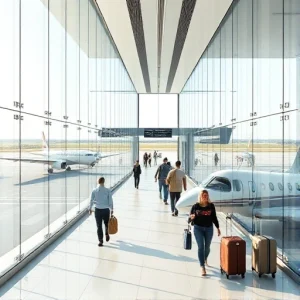 A compact, modern airport terminal designed for short trips, featuring sleek glass walls, minimalist architecture, and a small runway with a single propeller plane parked nearby. Travelers with light luggage walk calmly through a bright, open concourse. Soft natural light, clean lines, and a calm atmosphere emphasize efficiency and convenience for brief journeys. No crowds, no large aircraft, no signage with text.