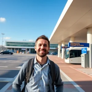 A calm traveler smiling while walking from a modern, well-lit parking garage to an airport terminal, with clear signage, automated payment kiosks, and a shuttle bus waiting nearby, all under a bright blue sky with minimal visual clutter