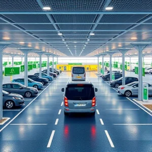 A modern airport parking facility with clear signage, well-lit lanes, electric vehicle charging stations, and a shuttle bus arriving at a terminal entrance, all rendered in a clean, professional, high-detail style
