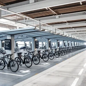 A modern airport parking area with covered bike storage facilities, featuring sleek metal canopies over rows of bicycles, clear signage for bike parking, adjacent to vehicle parking lanes, well-lit, clean pavement, minimalist design, no people visible, no text or letters on signs or surfaces