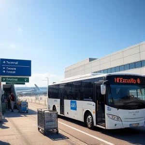 A modern shuttle bus parked near an airport terminal entrance, with clear signage pointing to different terminals, passengers boarding and alighting, luggage carts nearby, and a clean, well-lit environment under a bright sky
