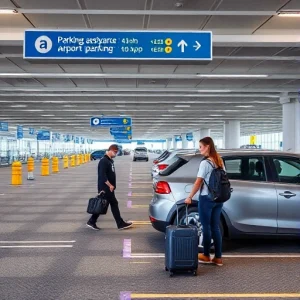 A modern airport parking area with clear signage, designated spaces for vehicles, and a helpful staff member assisting a traveler with luggage near a car, daytime setting, clean and organized environment