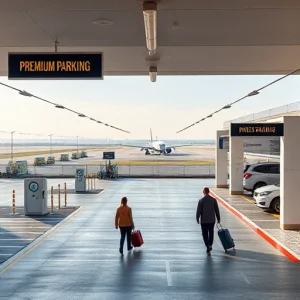 A modern, clean parking facility with clear signage indicating 'Premium Parking' and direct access to an airport terminal, featuring well-lit lanes, electric vehicle charging stations, valet service area, and travelers with luggage walking toward the terminal, all under a bright daytime sky with subtle airport runway visible in the background