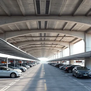 A modern covered parking structure at an airport, with sleek concrete and steel design, multiple levels of shaded parking bays under a continuous canopy, clear signage for entrances and exits, a few parked cars including sedans and SUVs, soft daylight with gentle shadows, clean lines, minimalistic architecture, no people visible, no text or logos on signs or vehicles, realistic but slightly idealized rendering