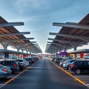 A modern airport parking area with covered pick-up zones, featuring sleek canopies over designated vehicle lanes, clear signage for arrivals, well-lit pathways, and vehicles waiting under shelter, all in a clean, organized, and functional urban design