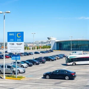 A modern airport parking lot with clear signage showing discounted rates, cars parked in organized rows, a shuttle bus nearby, and a bright sunny day with the airport terminal visible in the background