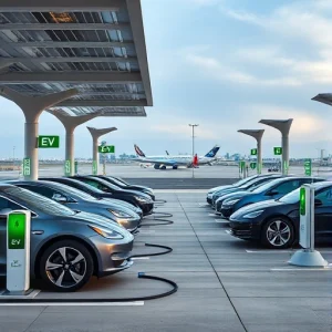 A modern airport parking area with electric car charging stations, featuring sleek electric vehicles plugged into charging points under a canopy with solar panels, clear signage for EV charging, well-lit pavement, distant airport terminals and aircraft on the tarmac, daytime with soft natural lighting, realistic details, no text or letters visible