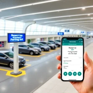 A modern airport terminal with a clear sign showing 'Reserve Your Parking Spot' and a digital display indicating available parking spaces, cars parked neatly in designated zones, and a mobile app interface on a smartphone showing the reservation confirmation, all in a clean, well-lit, professional environment