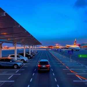 A modern airport parking area with covered pick-up zones, featuring sleek canopies over designated vehicle lanes, clear signage for arrivals, well-lit pathways, and vehicles waiting under shade, with distant airport terminals and runway lights visible in the background, daytime, clean urban design, no people visible